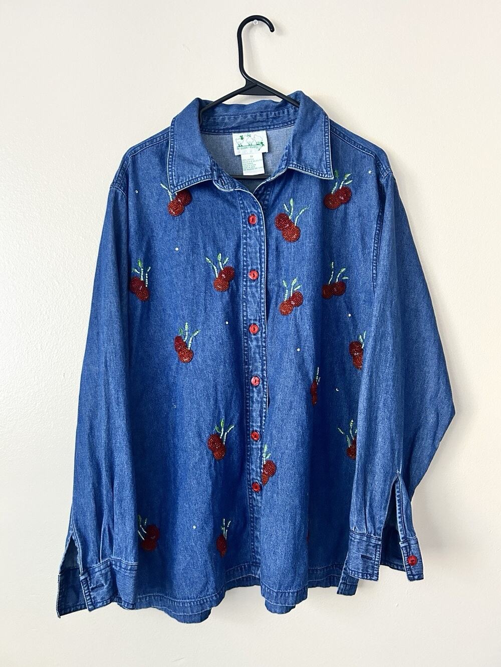 Vintage The Quacker Factory Beaded Cherry Denim Button Down Shirt 1X